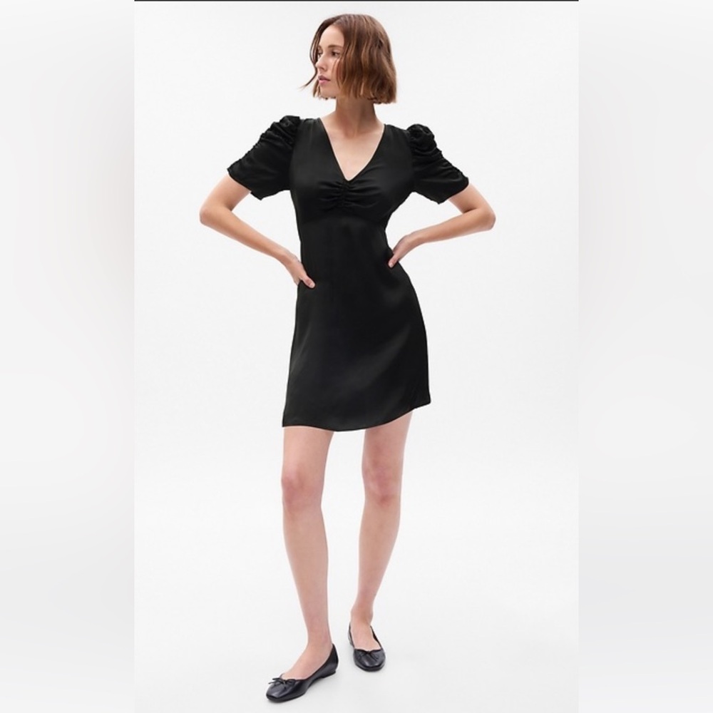 GAP Black Puff Sleeve Ruched Mini Dress